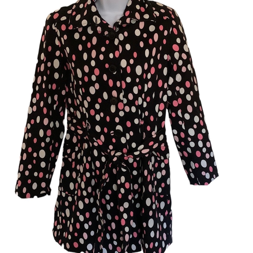 Donna Rae New York Vintage Polka Dot trench coat, black w/white & pink dots, 4